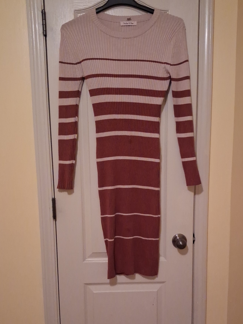 Ribbed Long-Sleeve Striped Midi Dress in Taupe & White - Unbranded